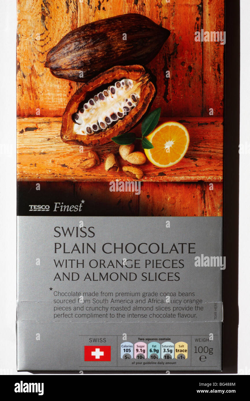 Bar of Tesco Finest Swiss Plain chocolate with orange pieces and almond slices Stock Photo