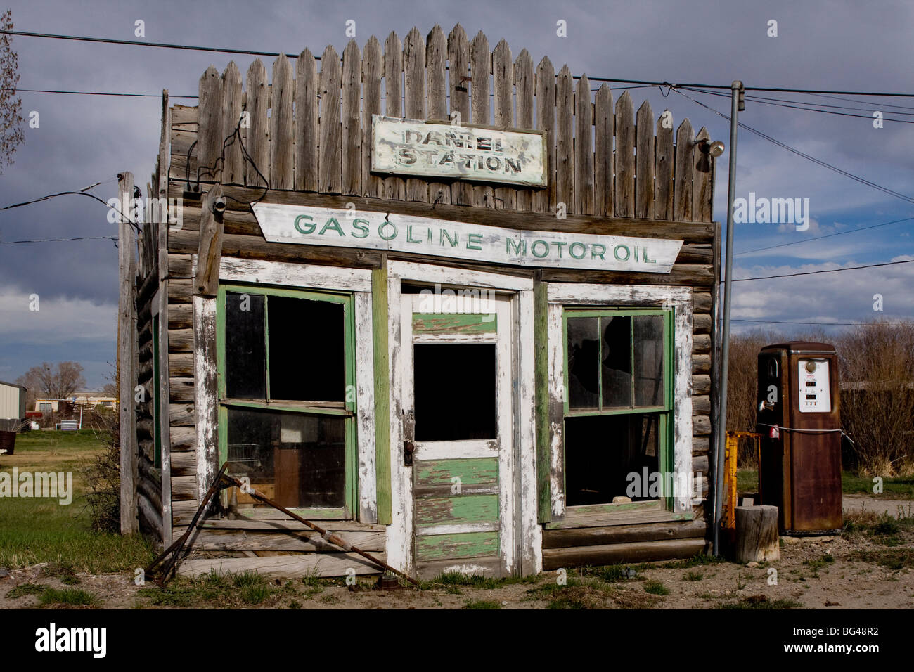 Ruins of gas station, Pinedale, Wyoming, United States of America, North America Stock Photo