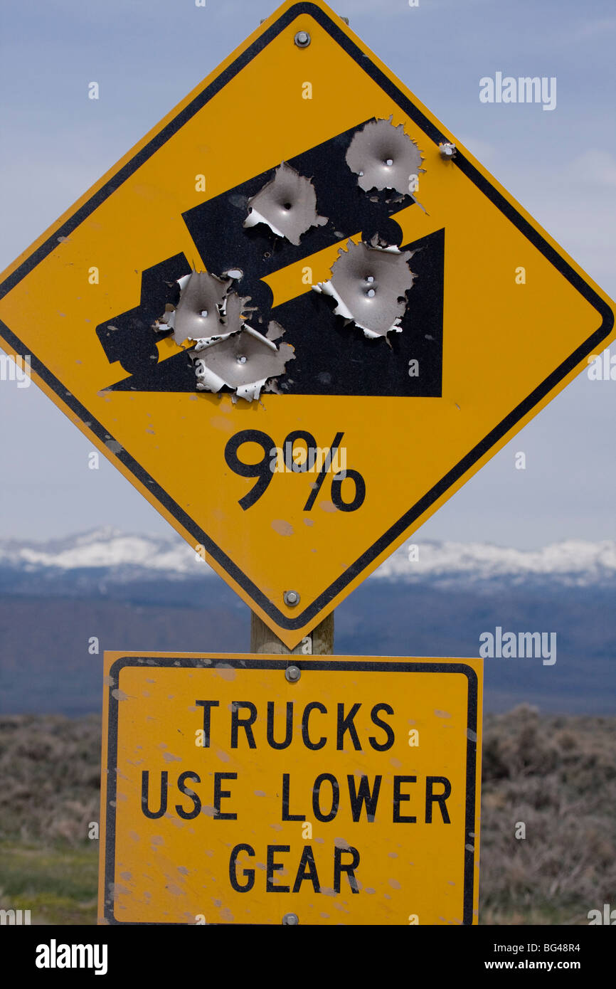 Bullet holes in road sign, Pinedale, Wyoming, United States of America, North America Stock Photo
