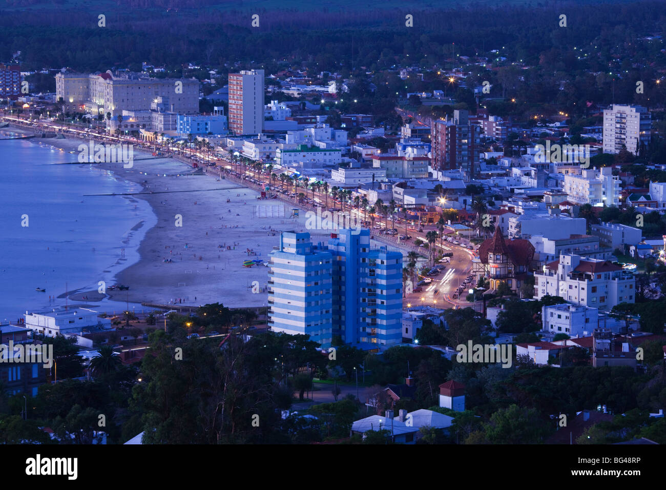 Uruguay, Piriapolis, resort town from Cerro San Antonio hill, evening Stock Photo