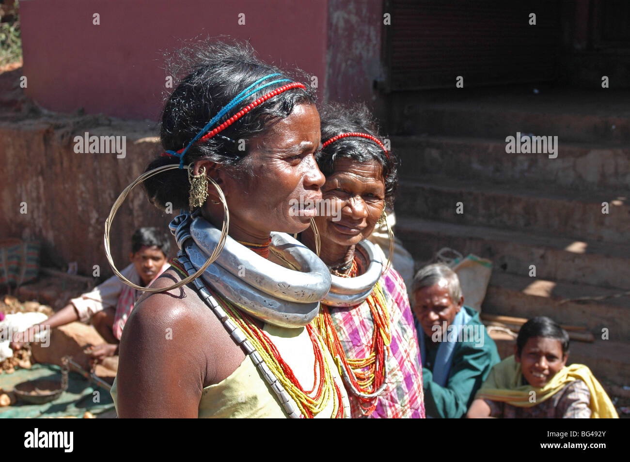 Gadaba tribeswomen in traditional dress with large earrings and necklaces denoting their tribe, Onukudelli, Orissa, India, Asia Stock Photo