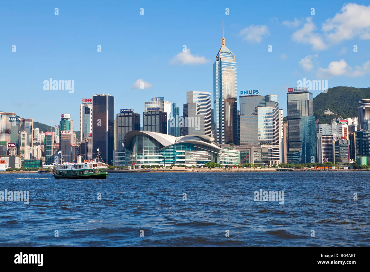 Star Ferry crossing Victoria Harbour towards Hong Kong Island, with Central skyline beyond, Hong Kong, China, Asia Stock Photo