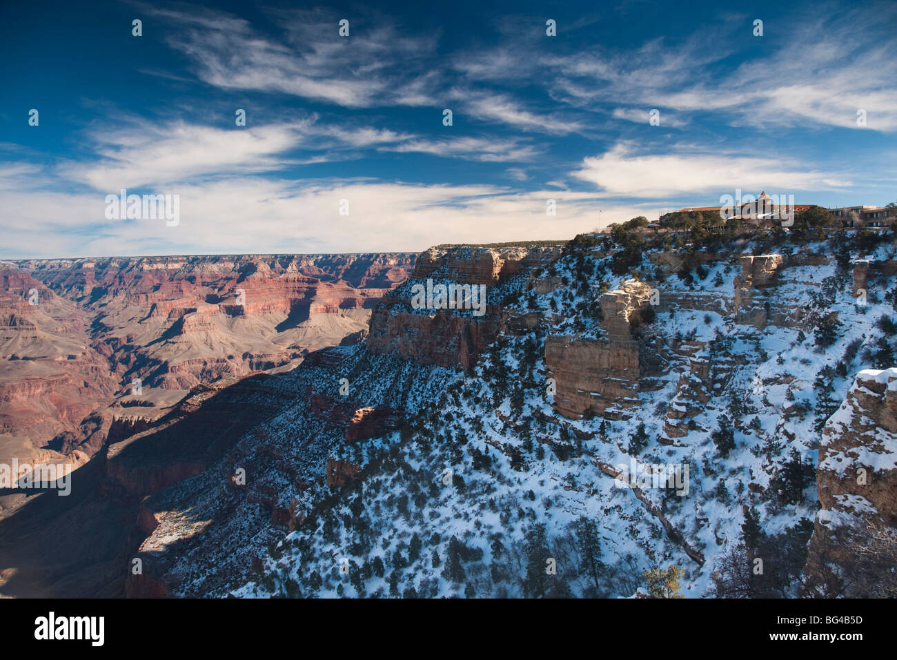USA, Arizona, Grand Canyon National Park, Grand Canyon Village, South Canyon Rim and El Tovar Hotel Stock Photo