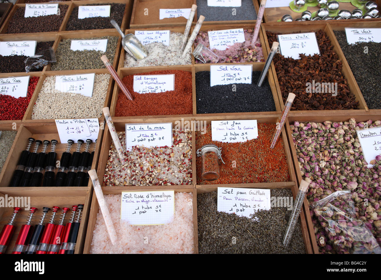 Different types of salt in a street market on the French Riviera, Provence, France, Europe Stock Photo
