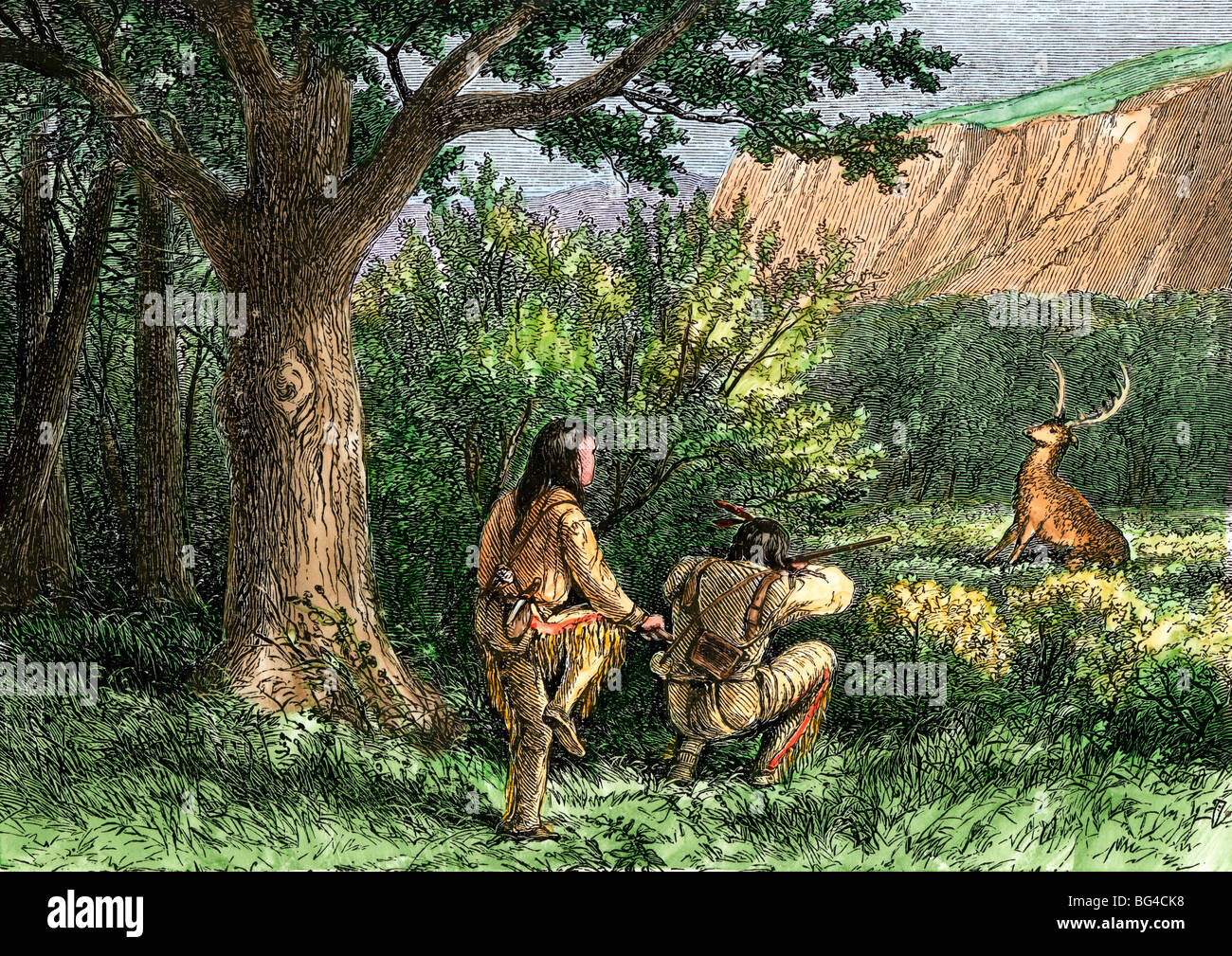 Native Americans shooting deer with a gun in the west, 1800s. Hand-colored woodcut Stock Photo