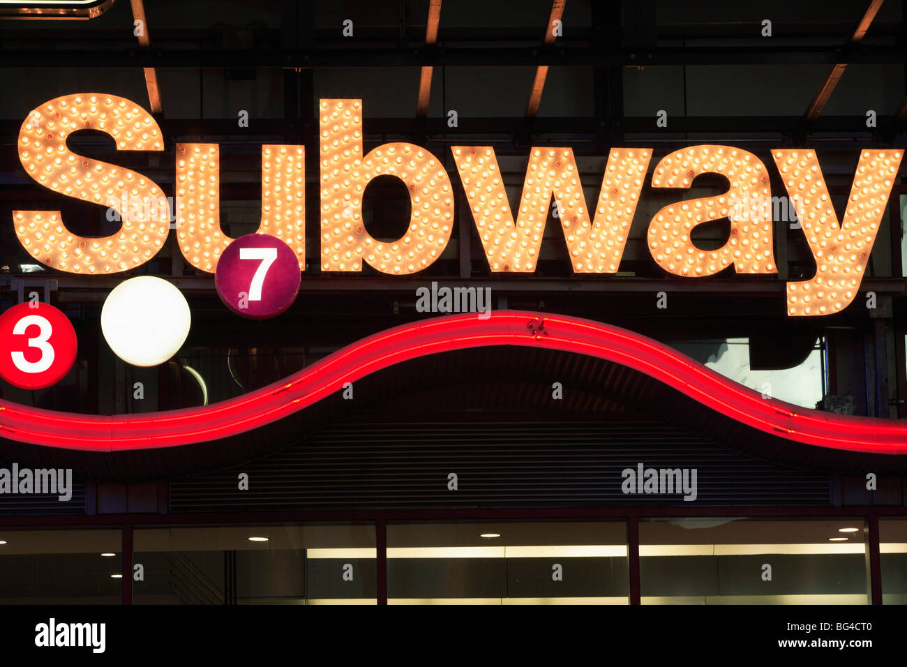 Neon Subway sign, Times Square, Manhattan, New York City, United States of America, North America Stock Photo