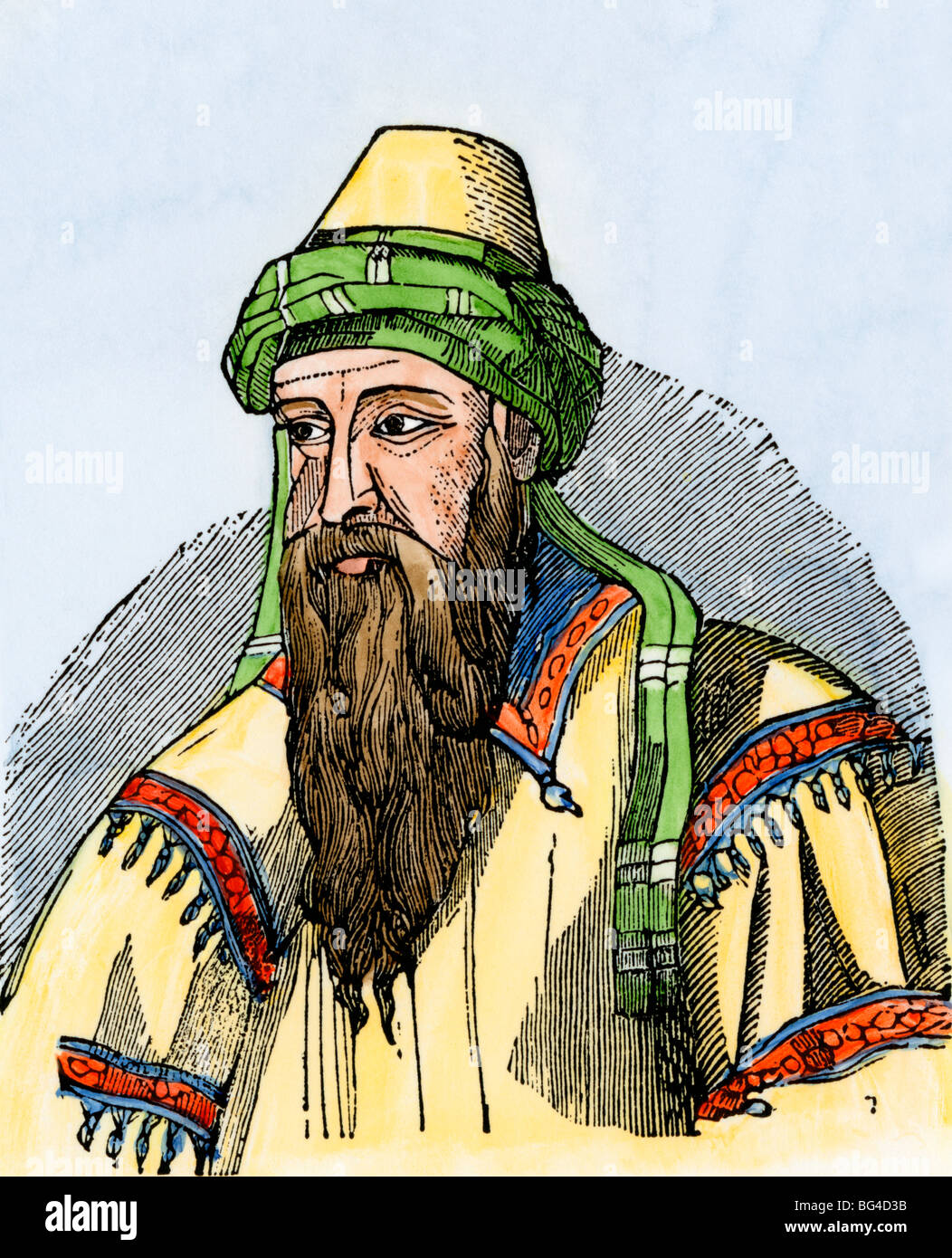 Saladin, commander of Muslim forces which defeated the Third Crusade. Hand-colored woodcut Stock Photo