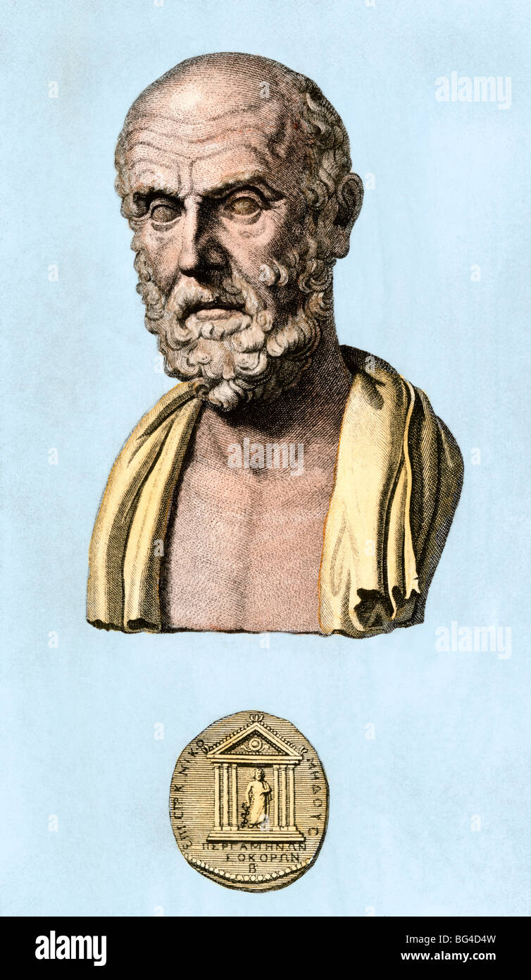 Greek physician Hippocrates. Hand-colored woodcut Stock Photo