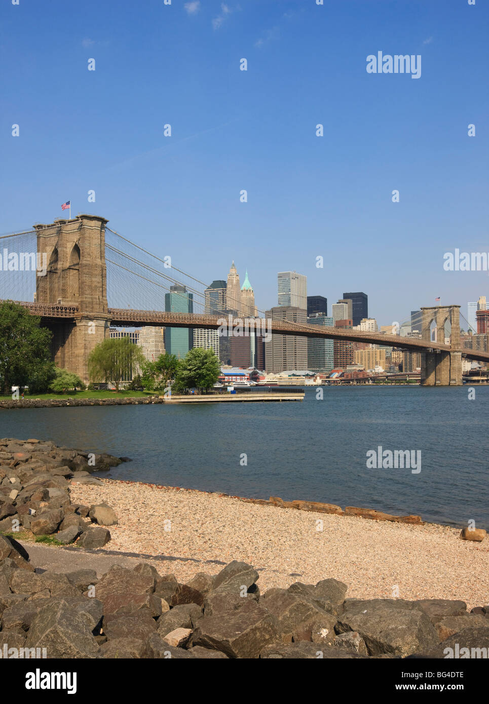 Brooklyn Bridge spanning the East River and Lower Manhattan, Brooklyn, New York City, New York, USA Stock Photo