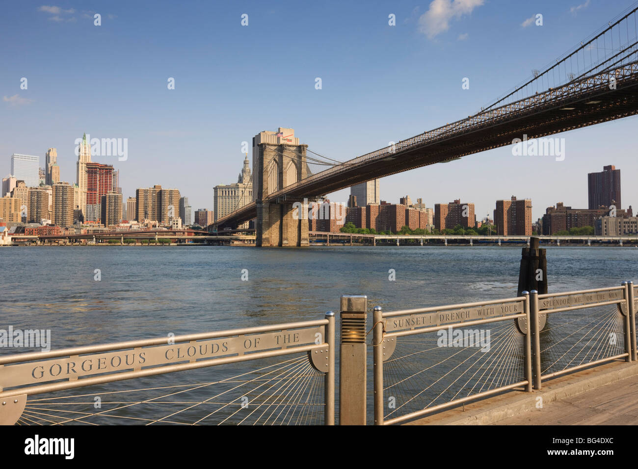 Brooklyn Bridge spanning the East River from Fulton Ferry Landing, Brooklyn, New York City, New York, United States of America Stock Photo