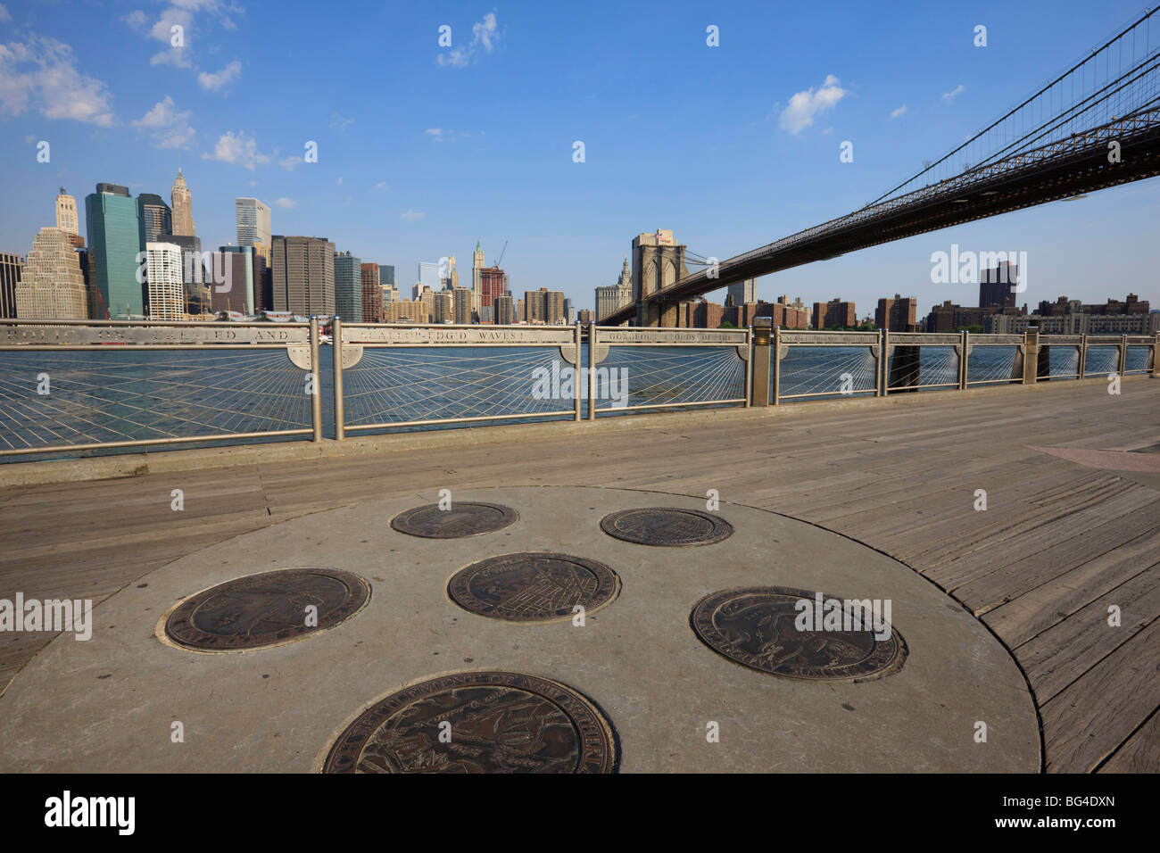 Brooklyn Bridge spanning the East River from Fulton Ferry Landing, Brooklyn, New York City, New York, United States of America Stock Photo