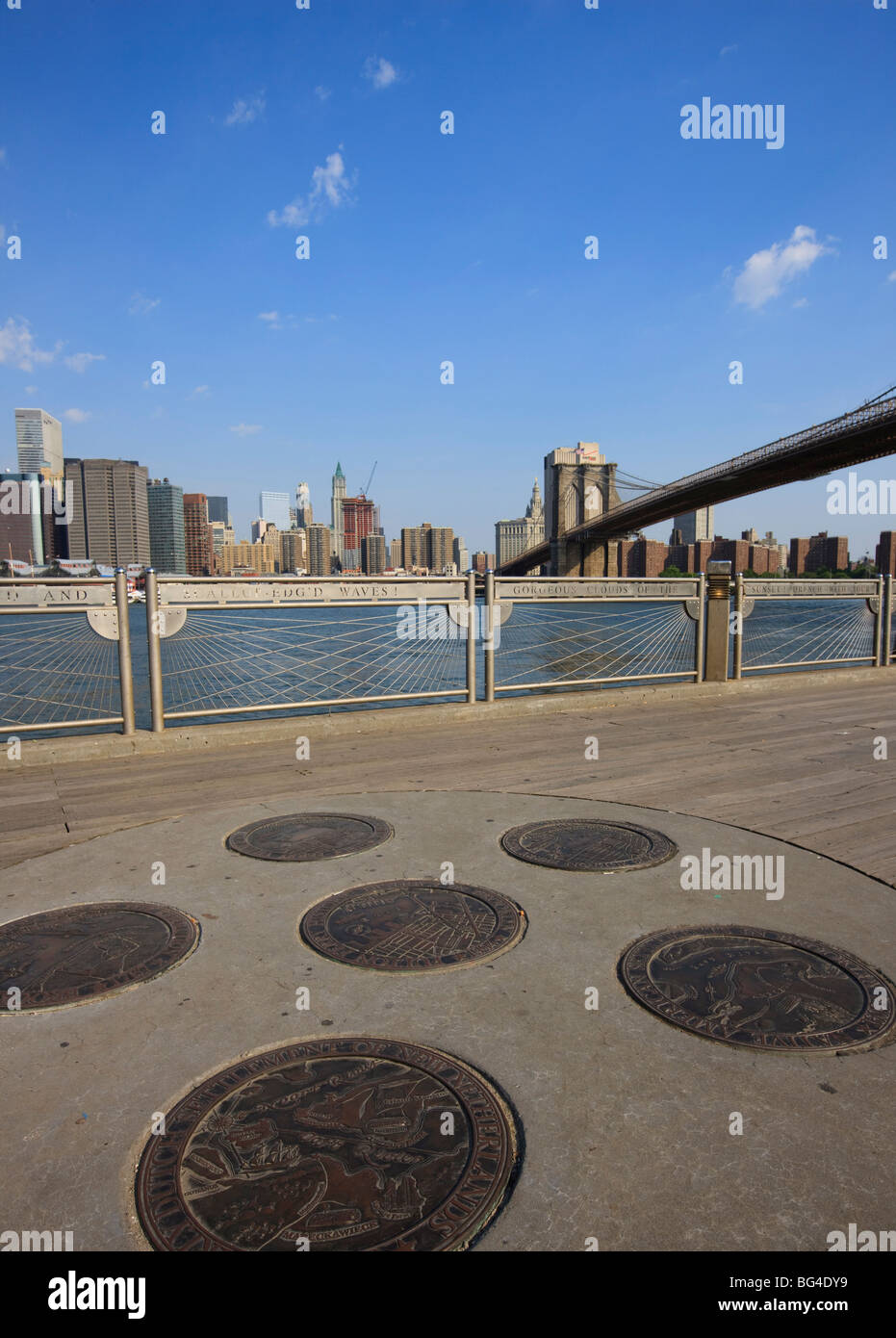 Brooklyn Bridge spanning the East River from Fulton Ferry Landing, Brooklyn, New York City, New