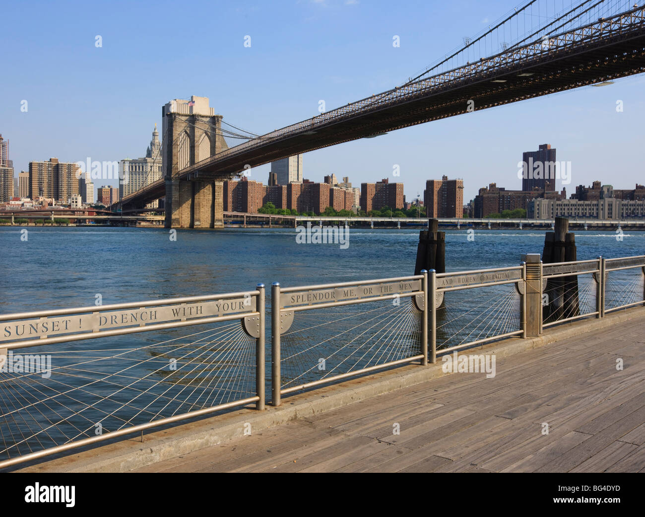 Brooklyn Bridge spanning the East River from Fulton Ferry Landing, Brooklyn, New York City, New York, United States of America Stock Photo