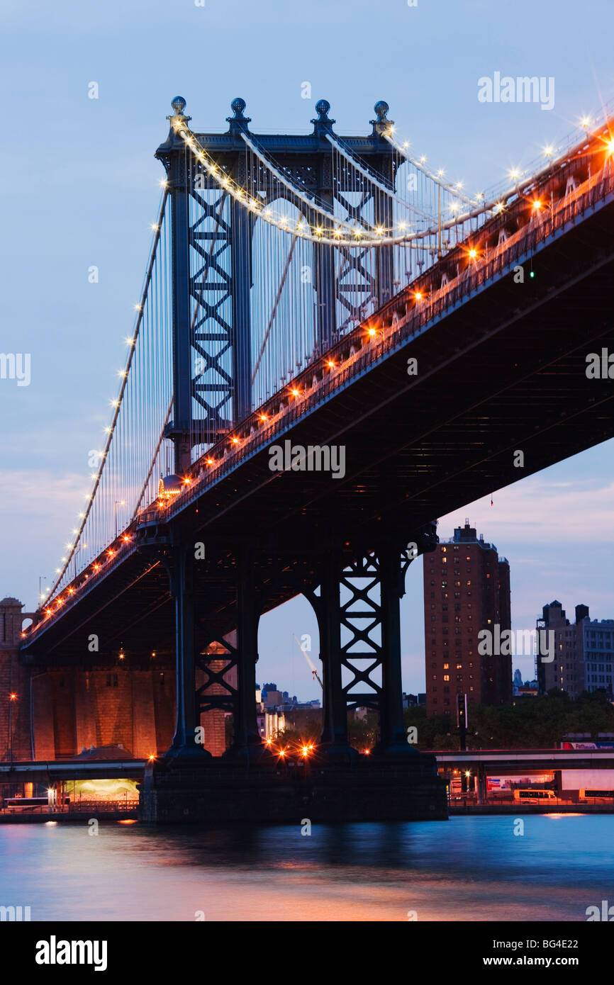 Manhattan Bridge spanning the East River at dusk,New York City, New York, United States of America, North America Stock Photo