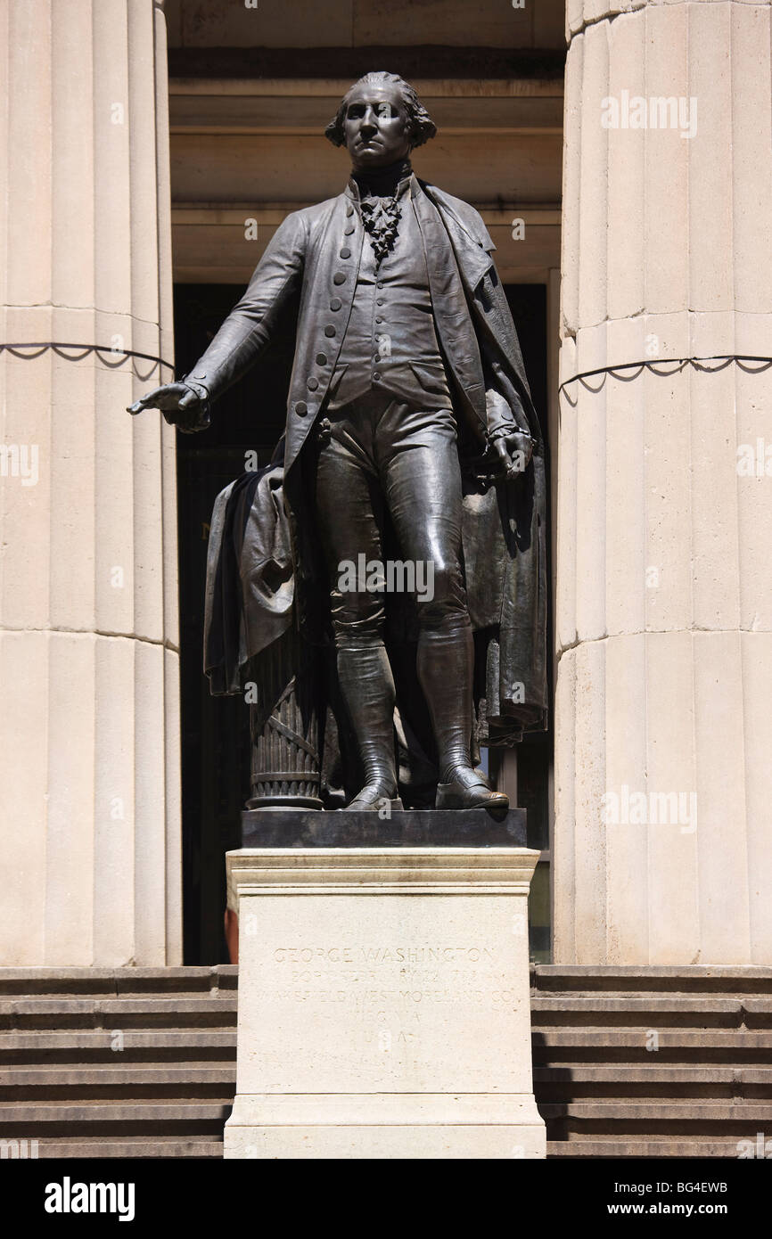 Statue of George Washington standing outside the Federal Hall, Wall ...