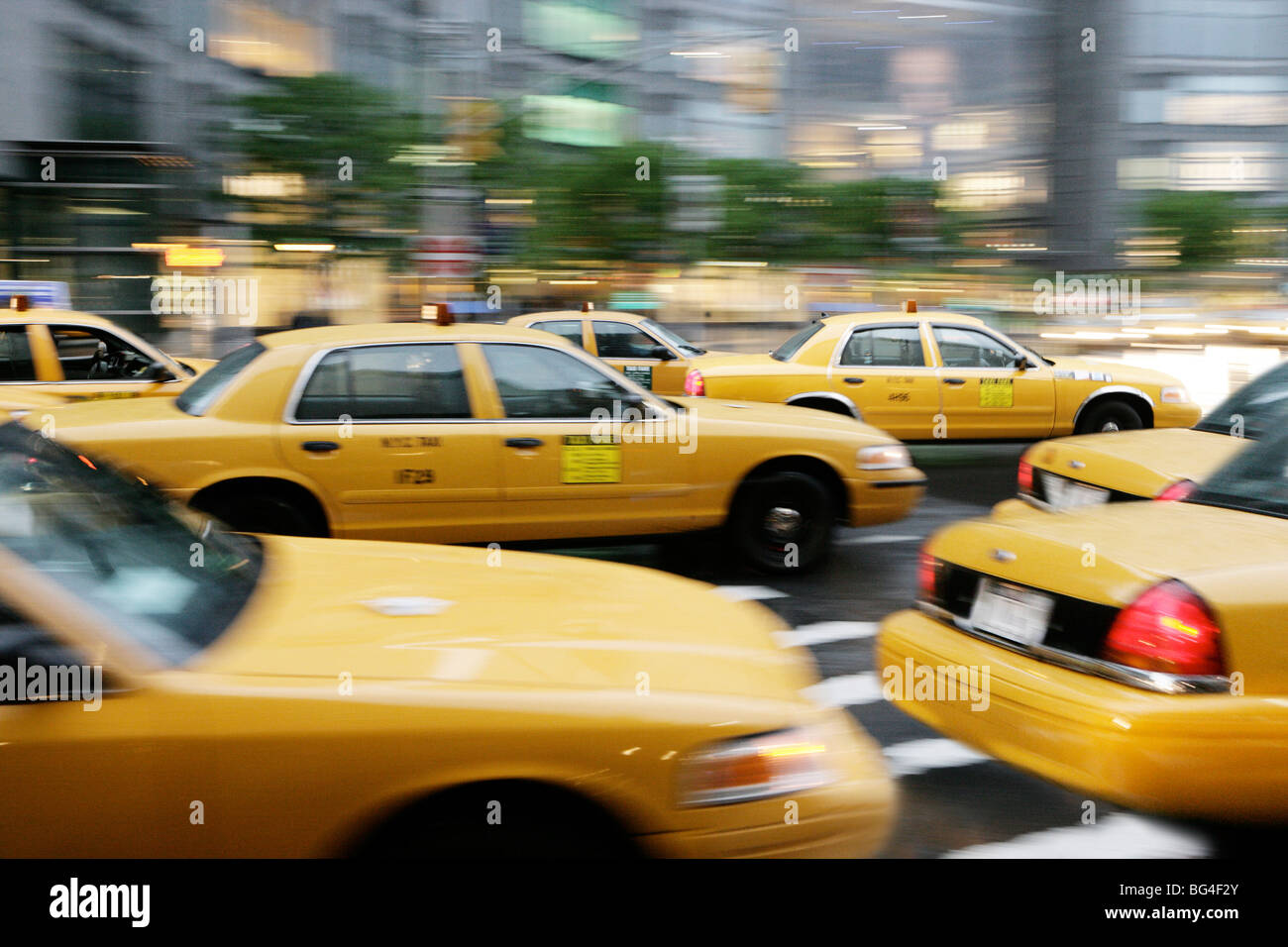 Moving New York taxis, Manhattan, New York, United States of America, North America Stock Photo