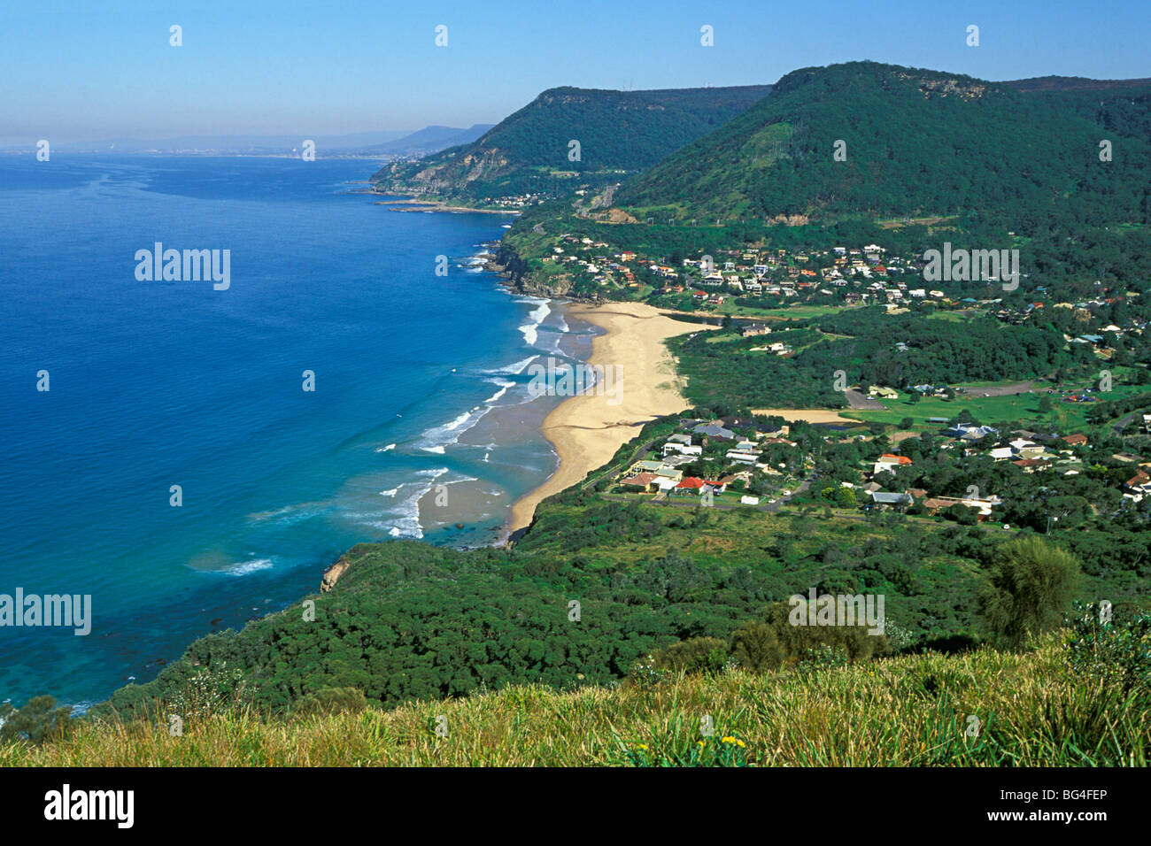 View from Bald Hill towards Illawara Escarpment and Wollongong, Stanwell Park, New South Wales, Australia Stock Photo