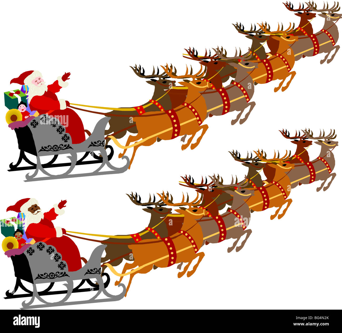 Santa with Sleigh and Reindeer, vector illustration of 2 versions. Stock Photo