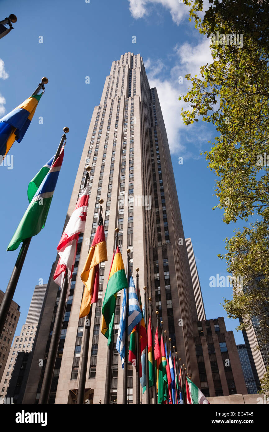 Flags of the world and Rockefeller Center, Manhattan, New York City, NY, USA Stock Photo