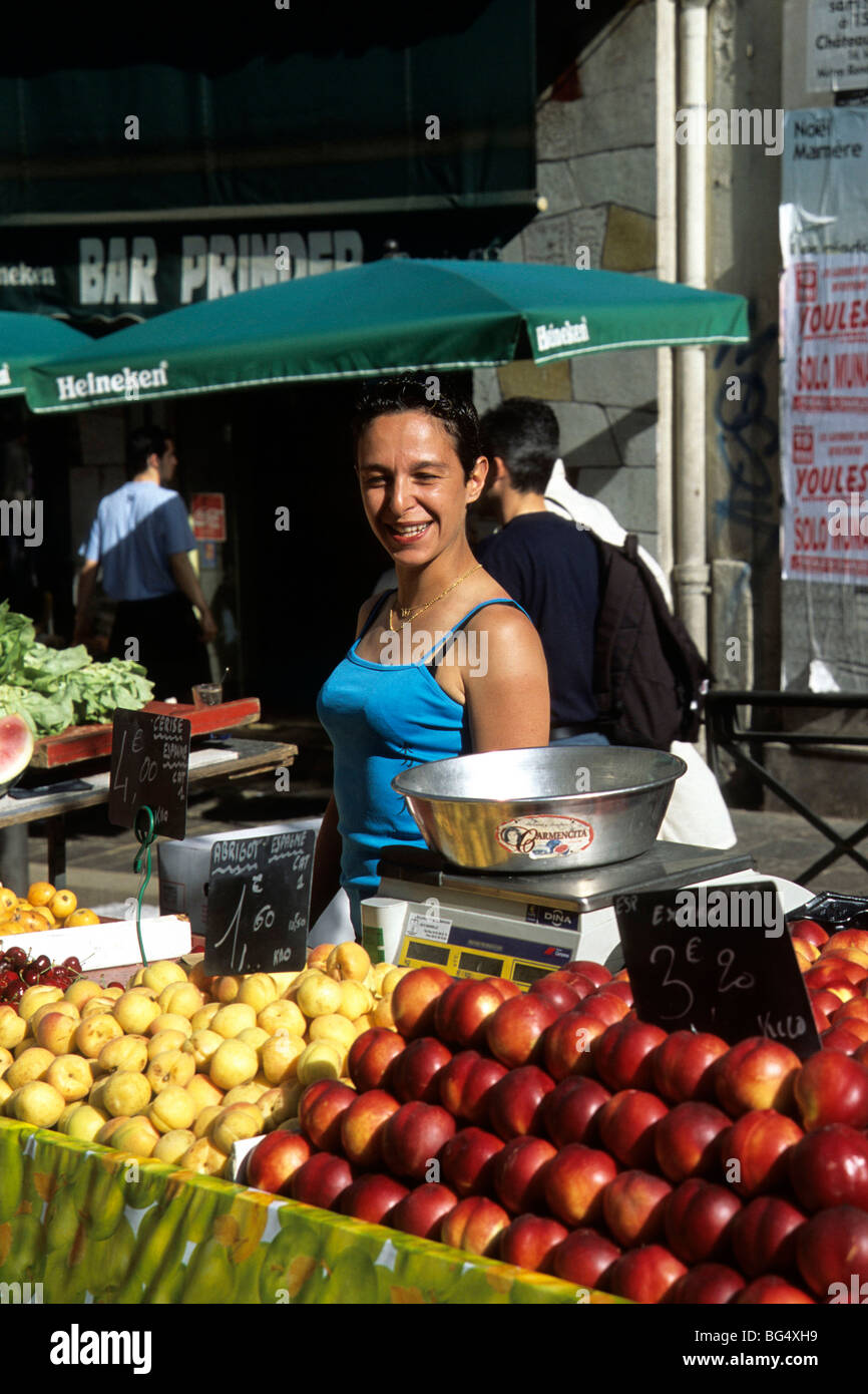 Marseille. Marché des Capucins. Mostly run by Arabs. Cheerful female stall holder. Stock Photo