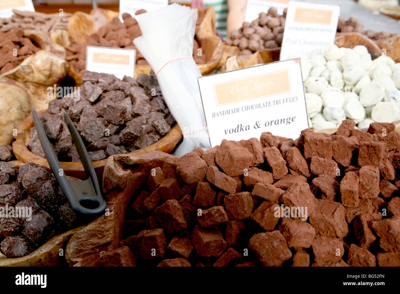 Chocolate truffles in Jubilee market in Borough, London Stock Photo