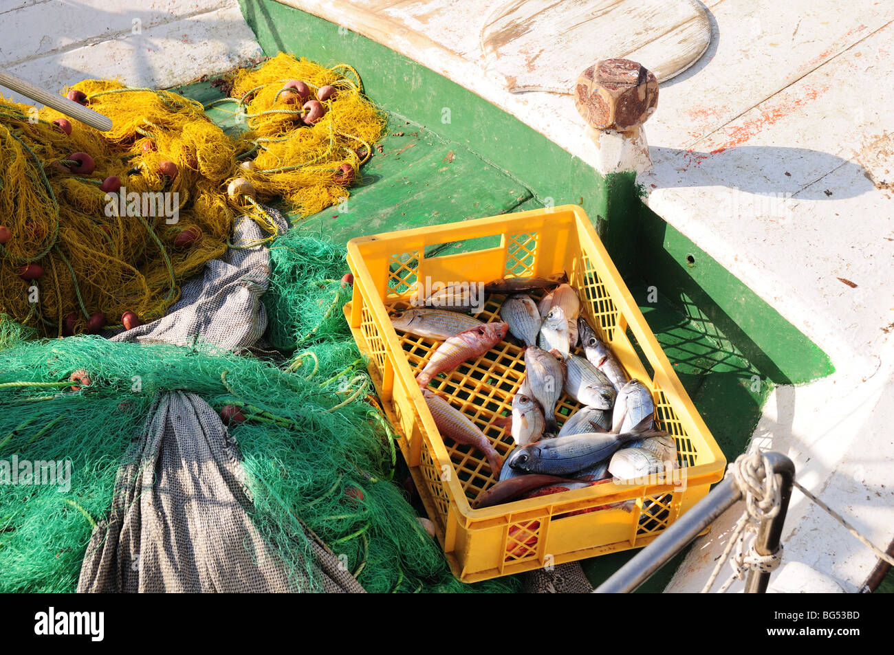 Fish and fishing netts on a small boat Marmari Harbour Evia Greece Stock Photo