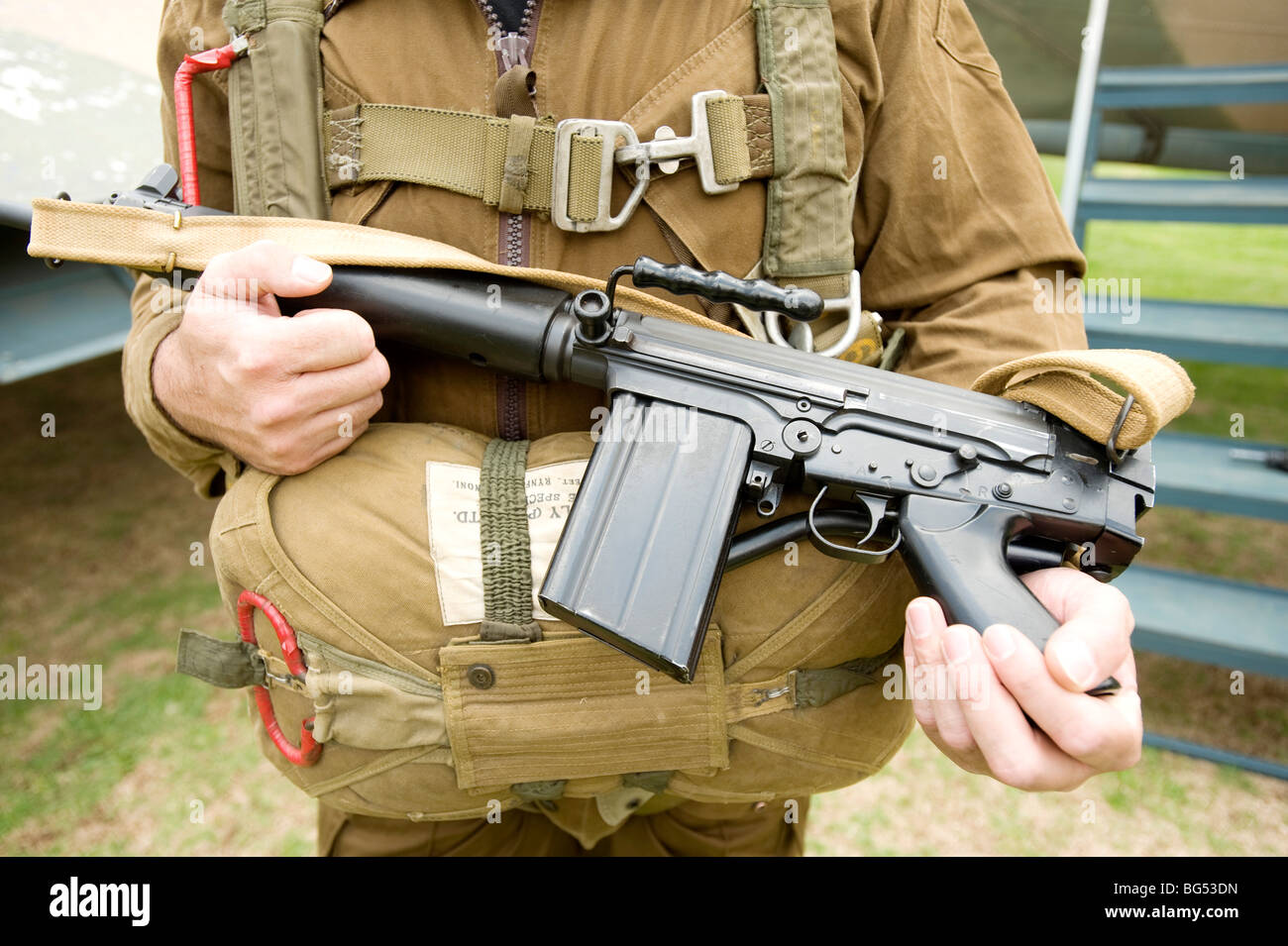 South African Army reenactors don paratrooper gear. South African