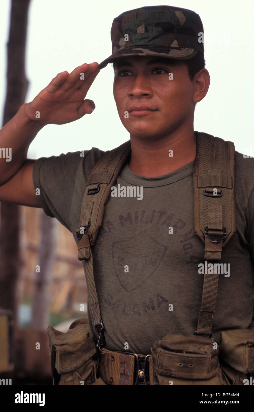 Guatemalan soldier in the jungle saluting Stock Photo