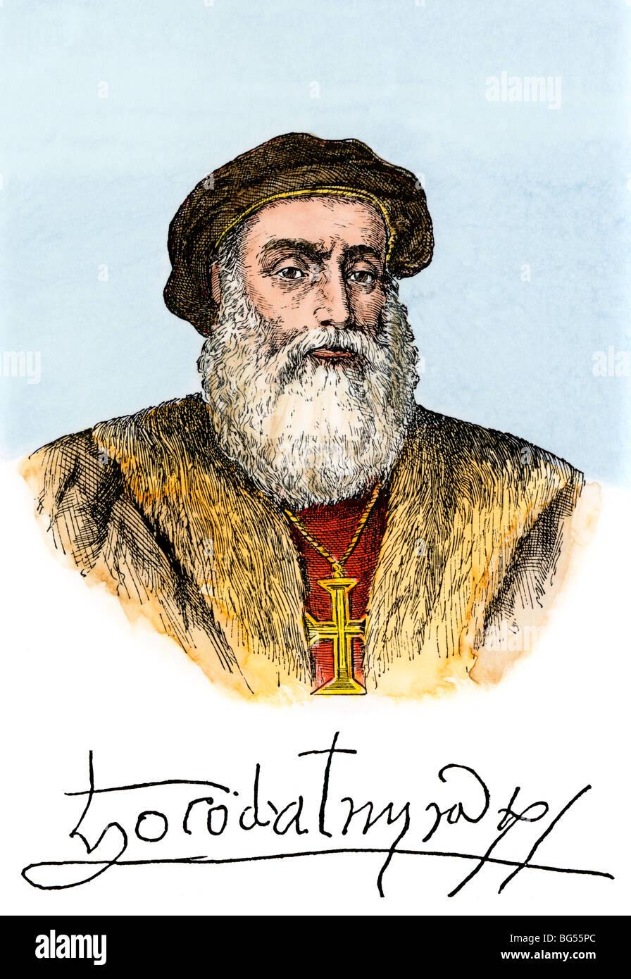 Vasco da Gama portrait, with his autograph. Hand-colored woodcut Stock Photo