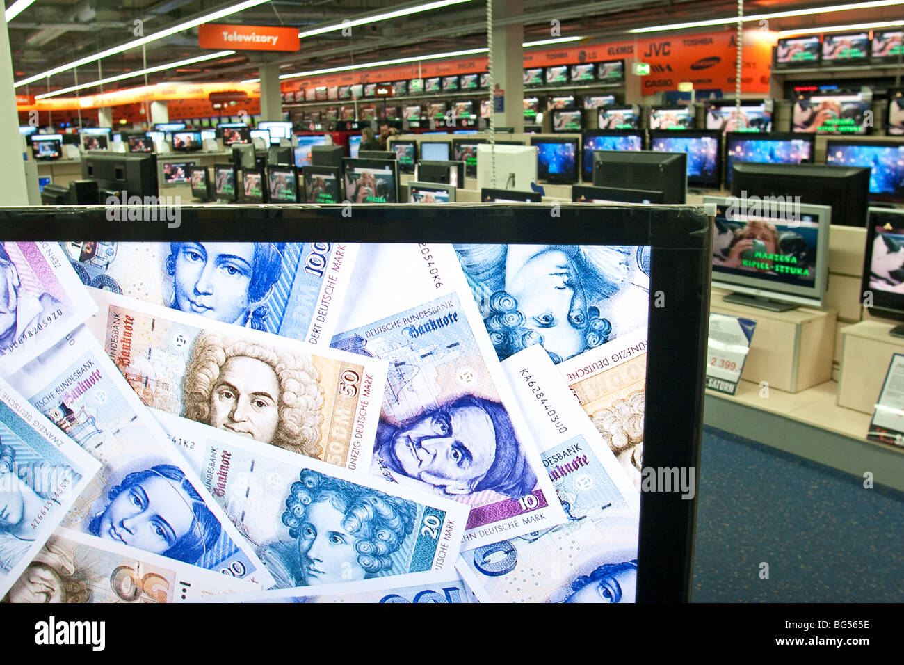Plasma TV for sale in a supermarket shop in Katowice, Poland Stock Photo