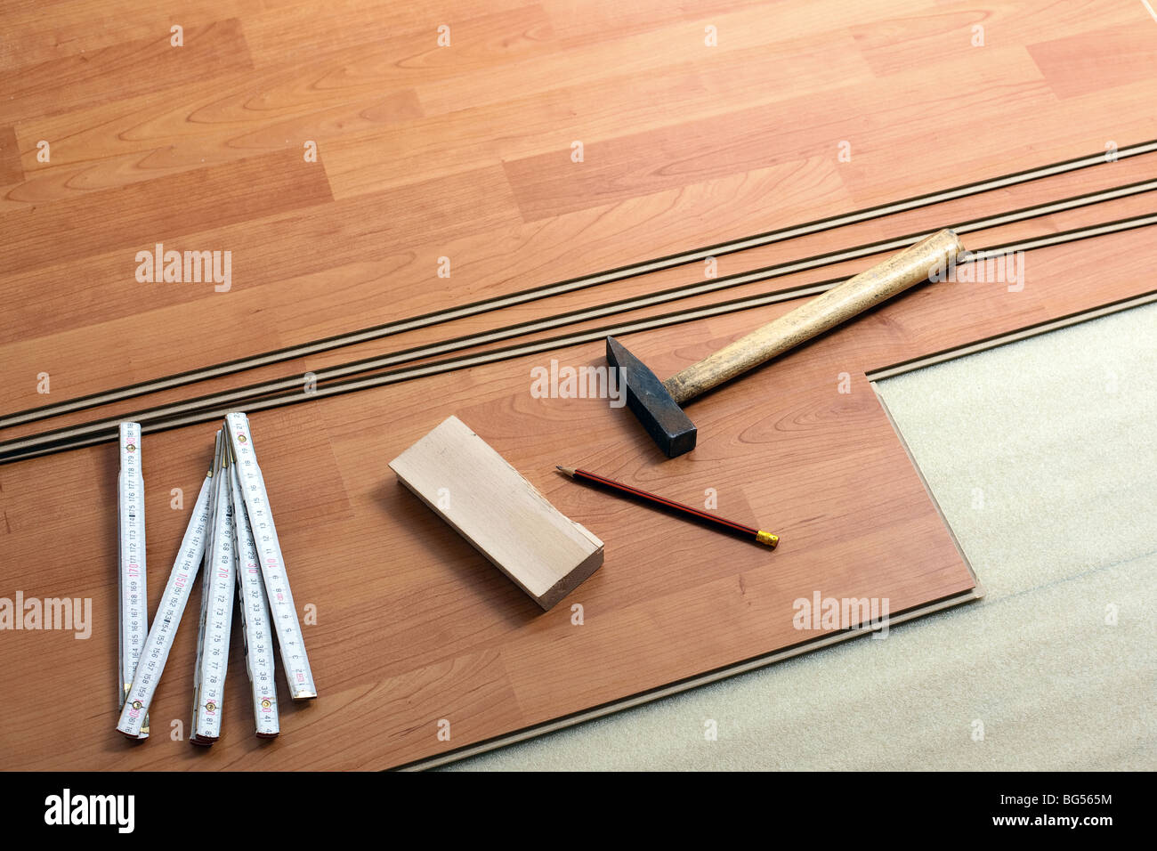the wood flooring and tools Stock Photo