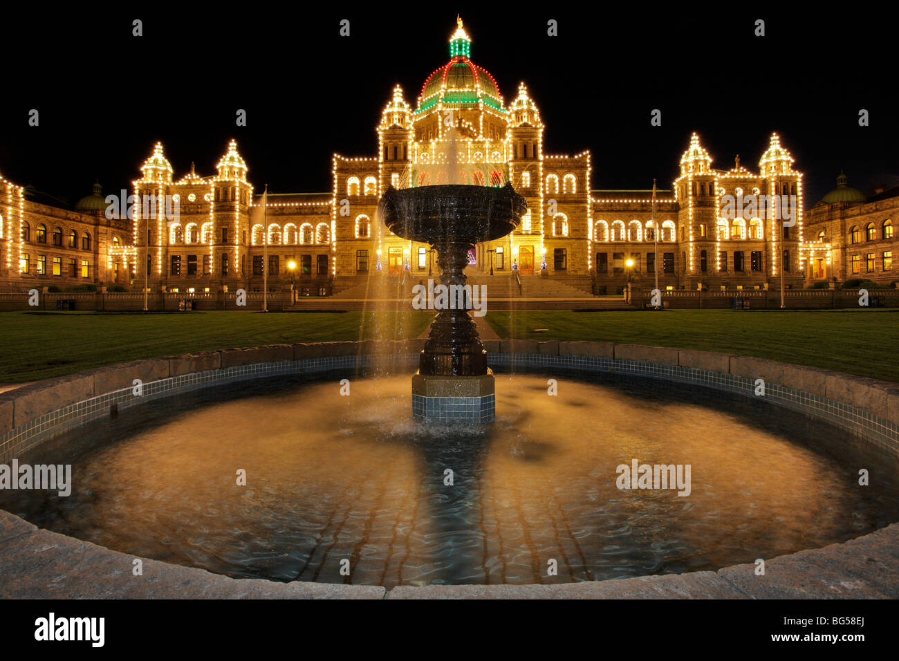 Christmas lights decorating the legislative buildings--Victoria, British Columbia, Canada. Stock Photo