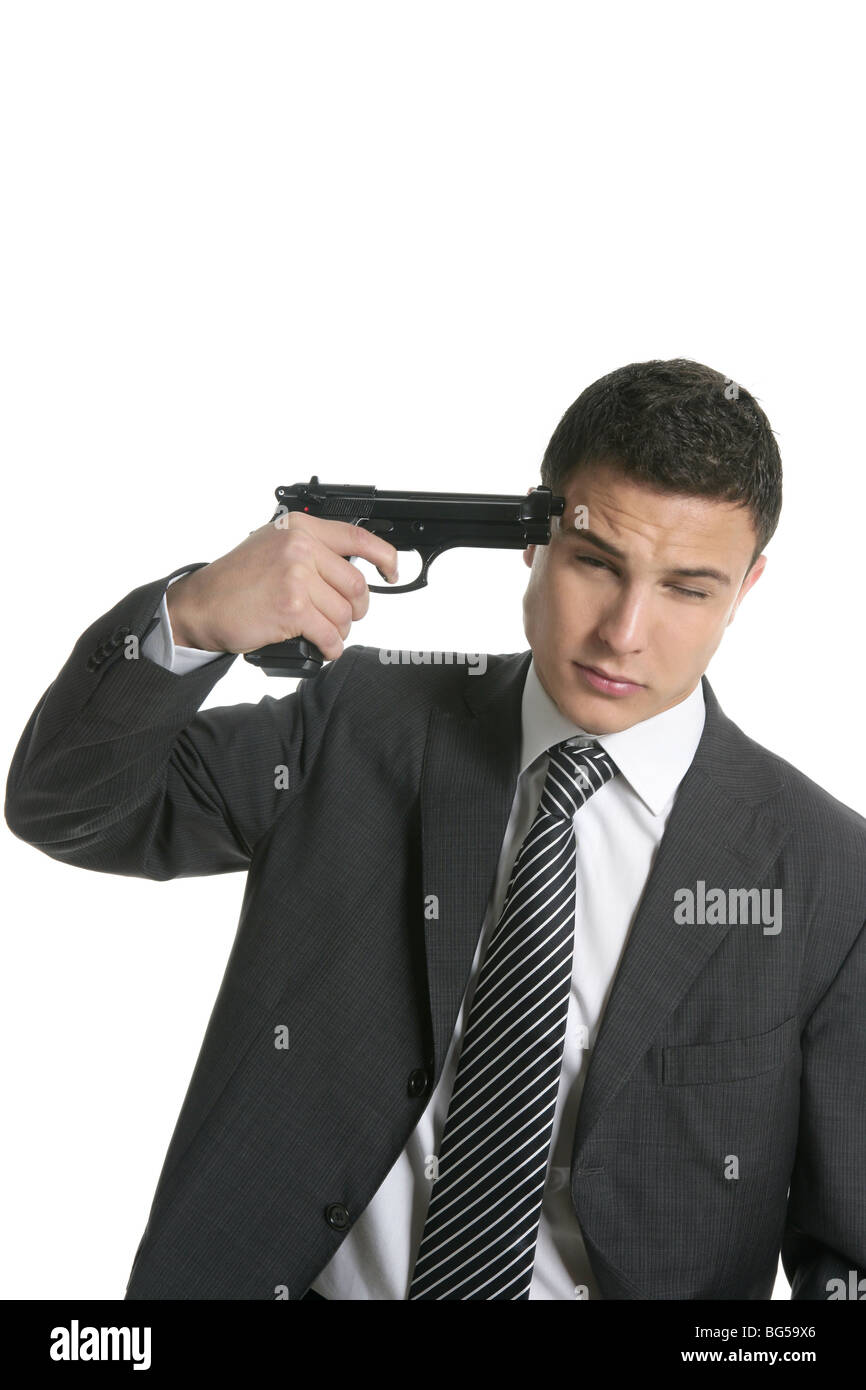 Businessman trying to suicide with gun shoot, isolated on white Stock Photo
