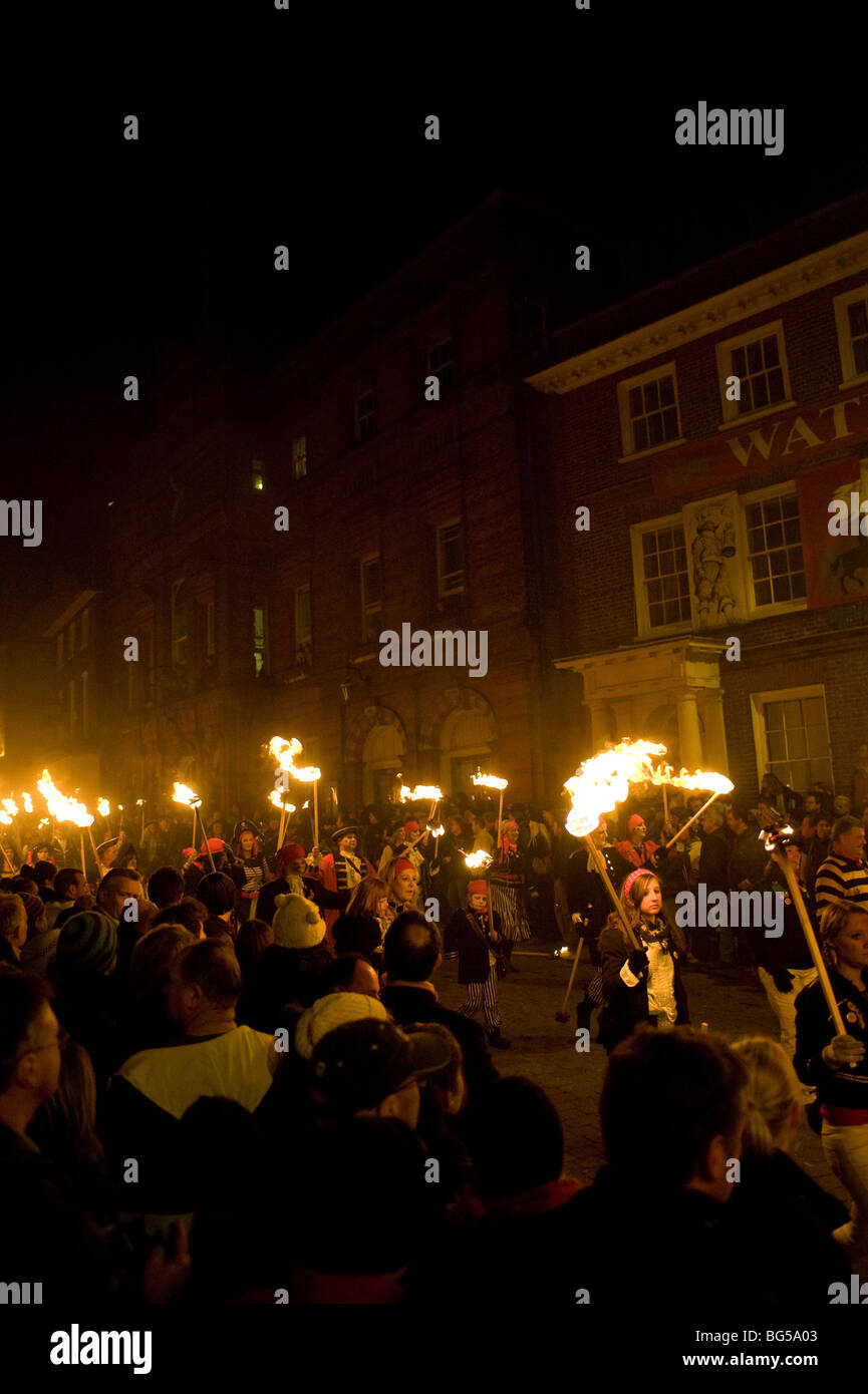 Lewes bonfire celebrations. A torchlight procession through the streets of Lewes in East Sussex, UK. Stock Photo