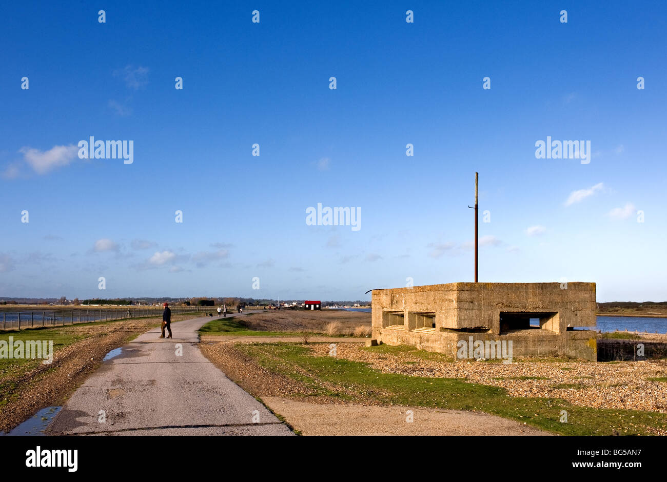 A World War II pill box bunker at the entrance to Rye Harbour in East Sussex. Stock Photo