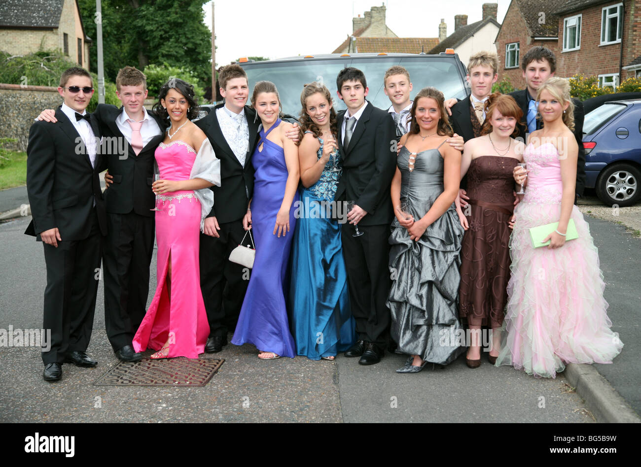 A group of British teenage boys and girls going to their School Prom