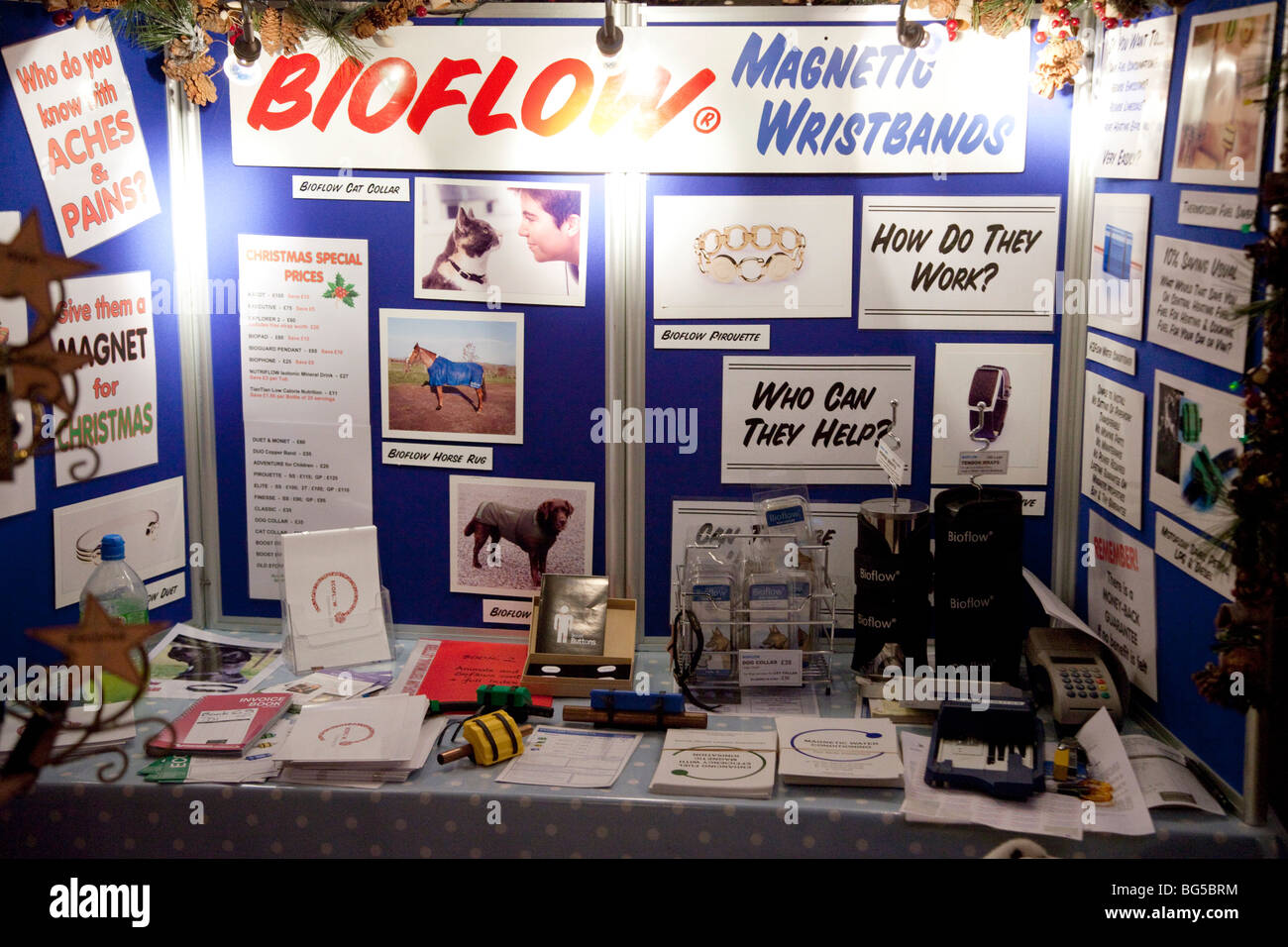 trade stand offering various 'Bioflow' magnetic treatments Stock Photo