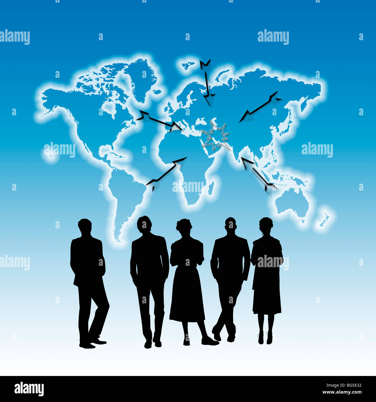 Silhouettes of People looking at a Large World Map with arrows pointing to Iraq, Iran and Afganistan Stock Photo