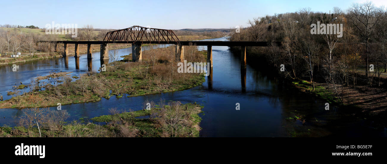 Panorama old railroad bridge over White river Cotter Arkansas