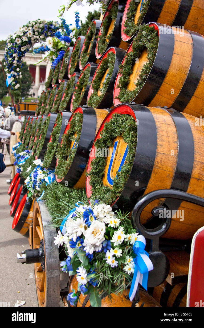 Beer Kegs and flower decorations on a carriage, Oktoberfest Munich