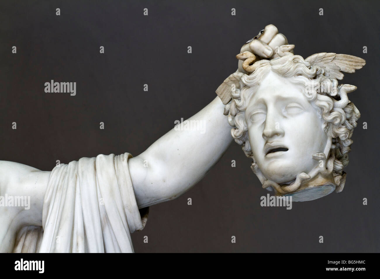 The head of Medusa being held aloft by Perseus. Detail of a statue by Antonio Canova, ca. 1800. Stock Photo