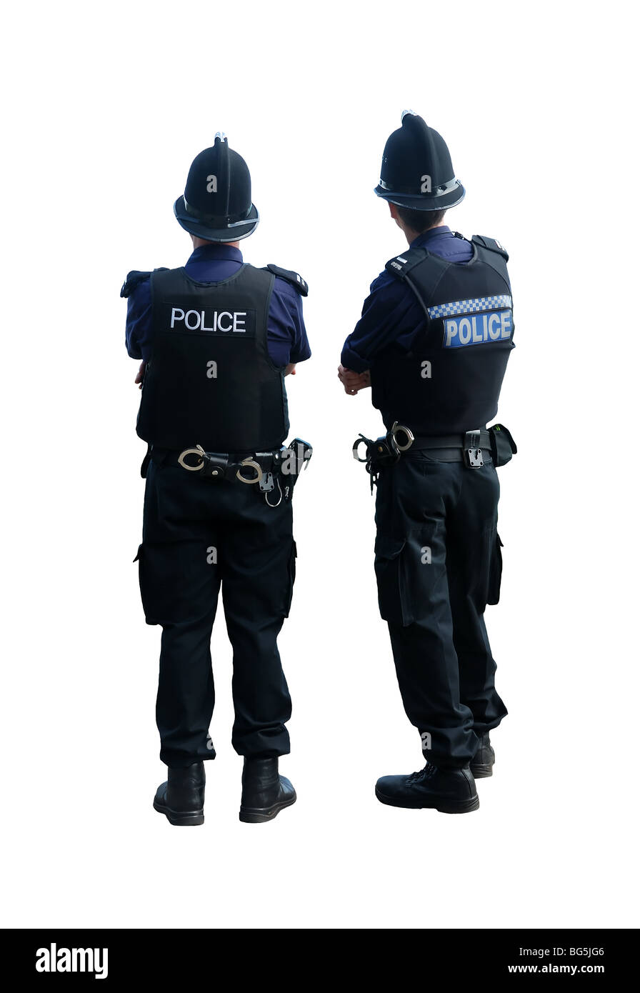 Two British police officers with their backs to the cameras, isolated on a pure white background. Stock Photo