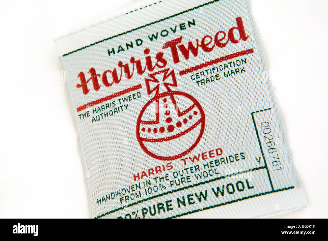 Crafts, Harris Tweed Authority certification label certifiying handwoven in Outer Hebrides Stock Photo