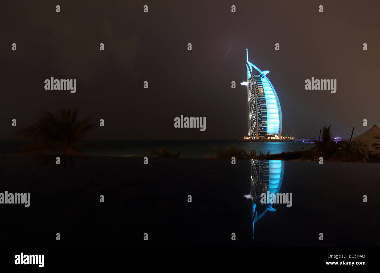 The Burj al Arab Hotel at night, Dubai, United Arab Emirates Stock Photo
