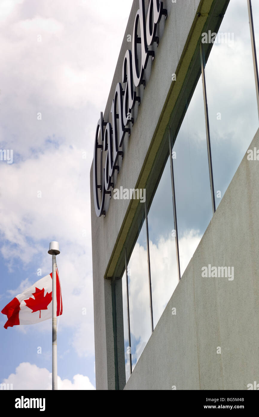 The corner of a Canadian government office building, with a Canadian