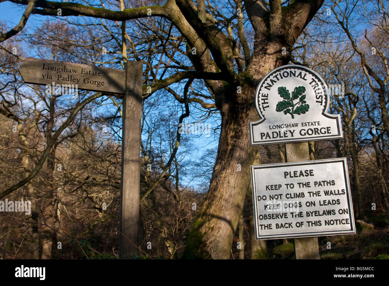 National Trust signpost, Padley Gorge, Derbyshire Stock Photo