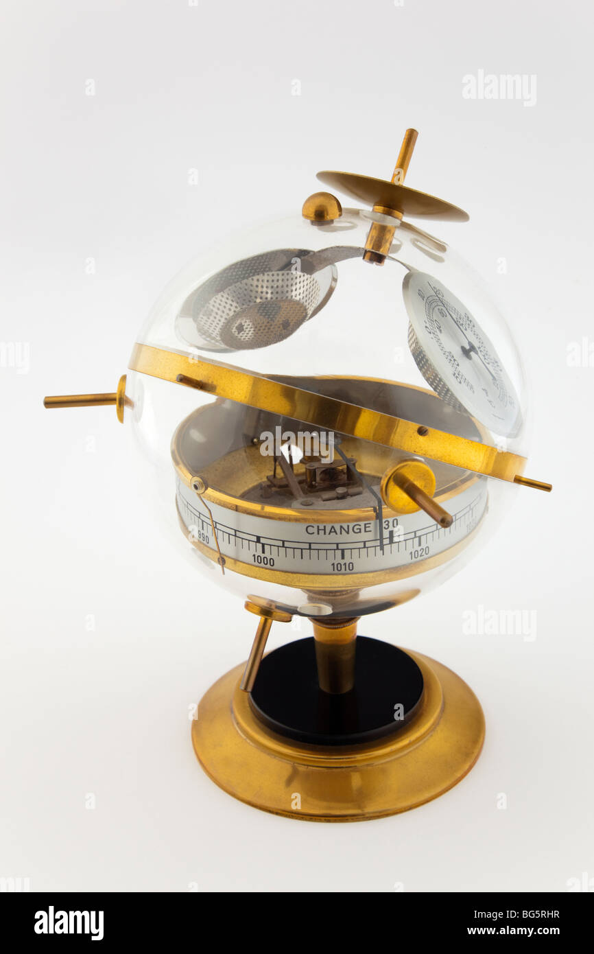 Brass Sputnik barometer weather station with Plexiglass sphere showing