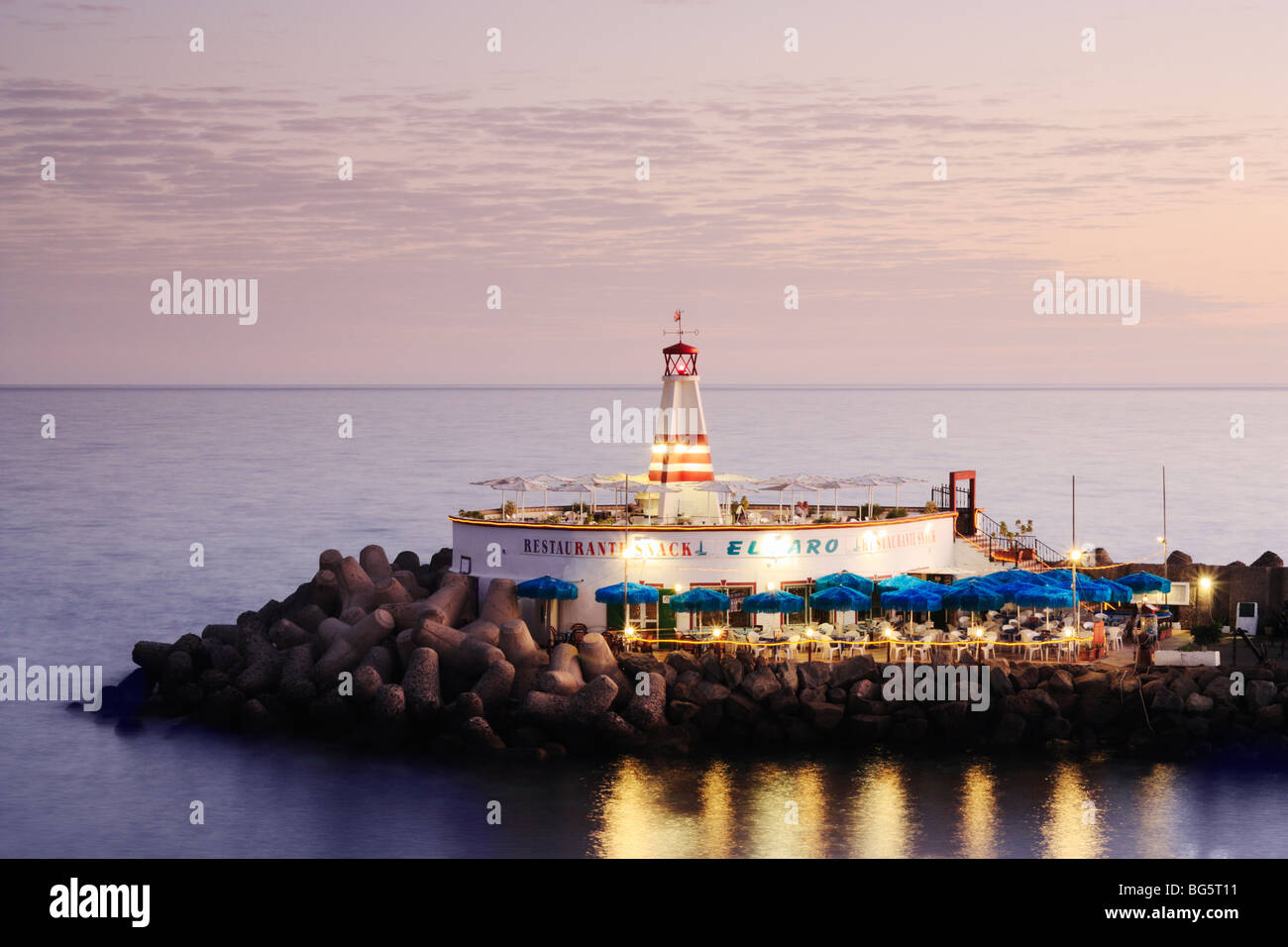 El Faro (lighthouse) restaurant in Puerto de Mogan on Gran Canaria in The Canary Islands. Stock Photo