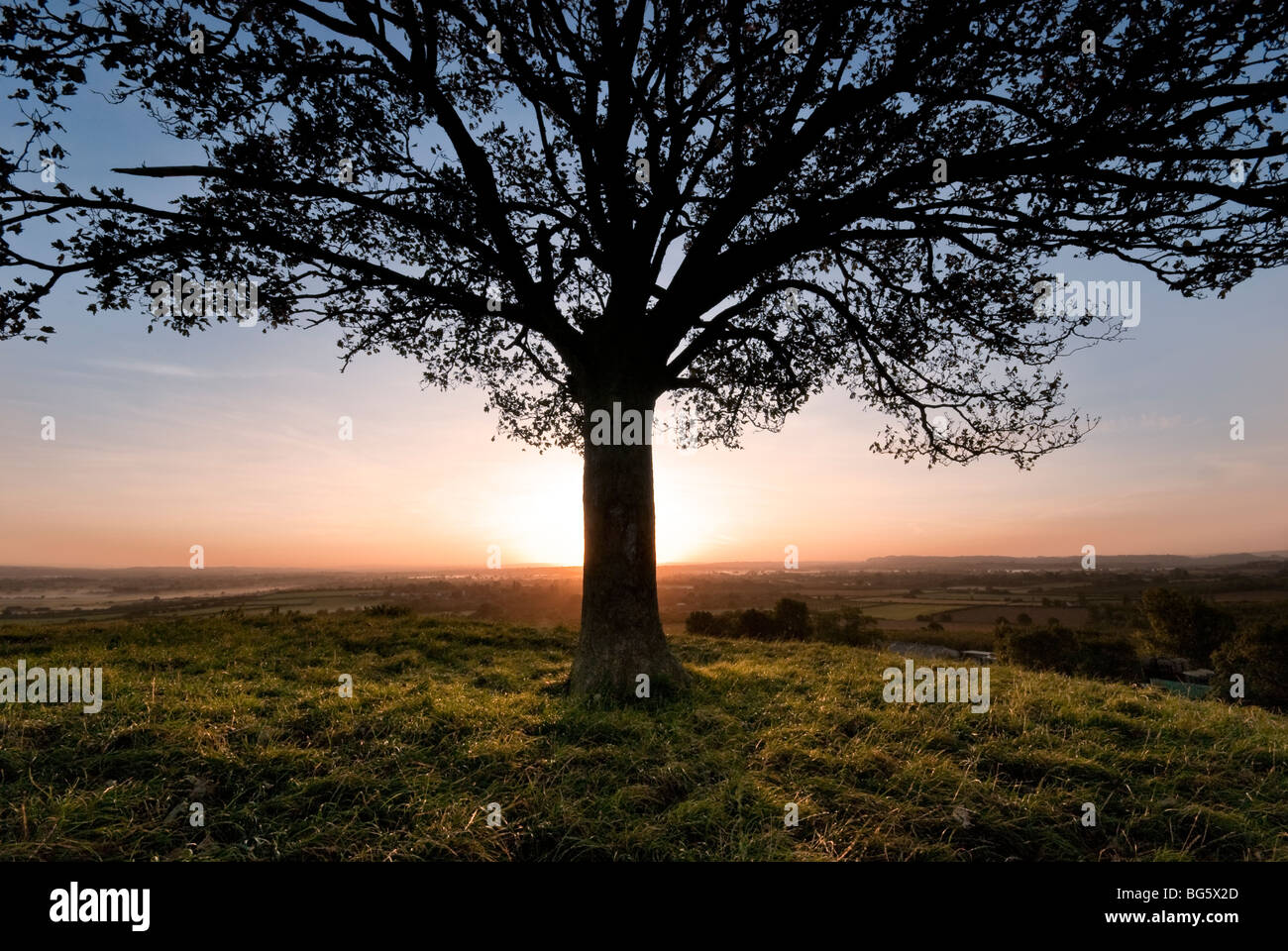 Sunrise at Burrow hill Somerset looking east over the levels. Stock Photo