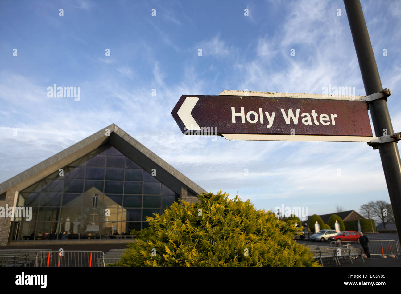 signpost for holy water outside knock marian shrine county mayo republic of ireland Stock Photo